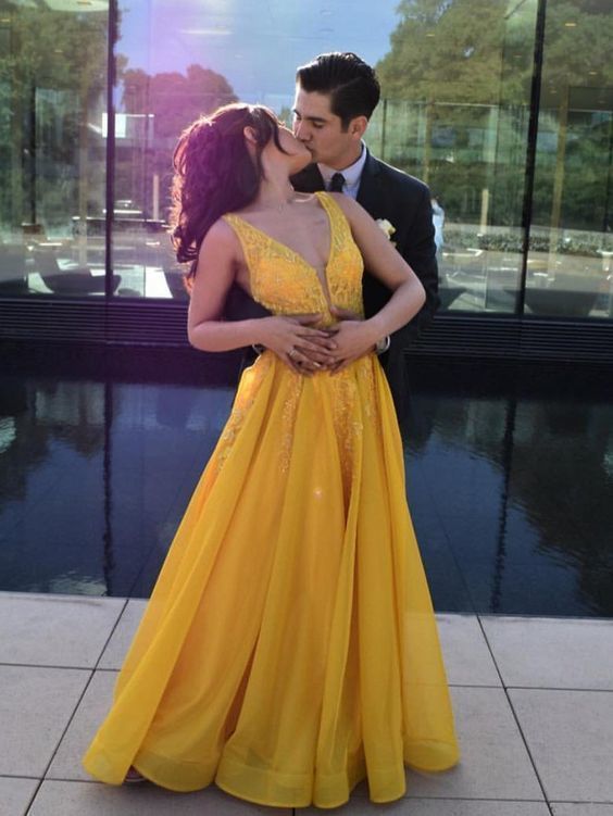 A-line V neck Yellow Long Prom Dress Cheap Formal Party Dress cg6864 A-line V neck Yellow Long Prom Dress Cheap Formal Party Dress cg6864