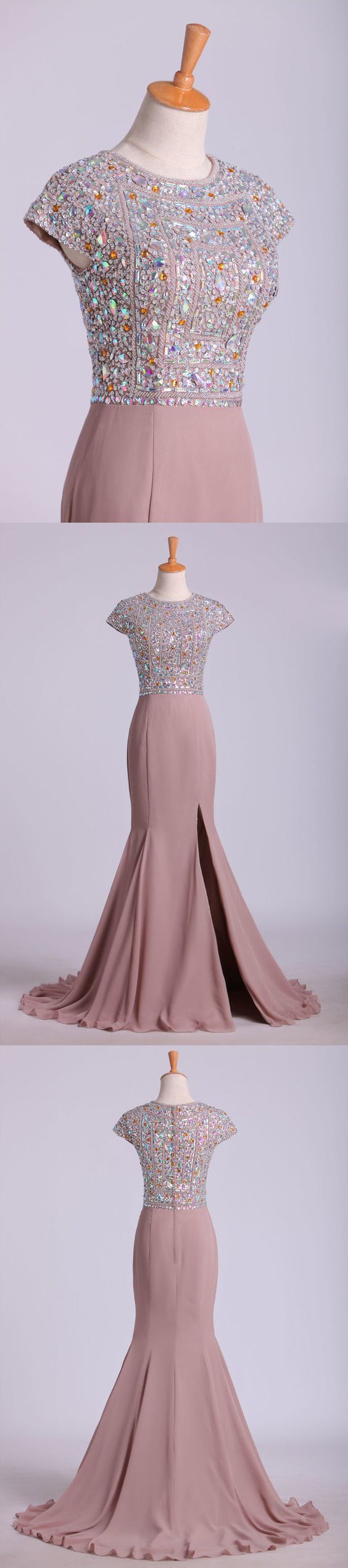 Scoop Prom Dresses Beaded Bodice Chiffon Trumpet Sweep Train cg6867