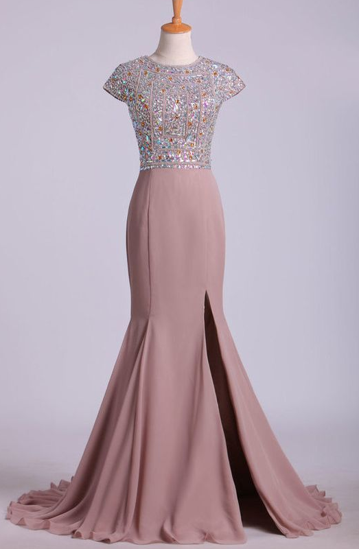 Scoop Prom Dresses Beaded Bodice Chiffon Trumpet Sweep Train cg6867