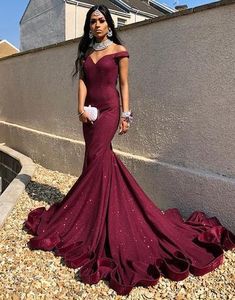 Burgundy Prom Dresses Off the Shoulder Evening Dresses Sweep Train cg6 – classygown