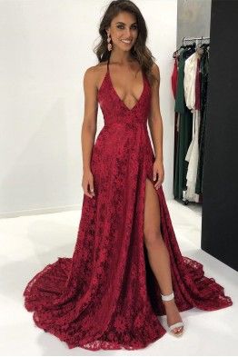 Sexy Neckholder Weinrot Spitze Langes Abendkleid cg687