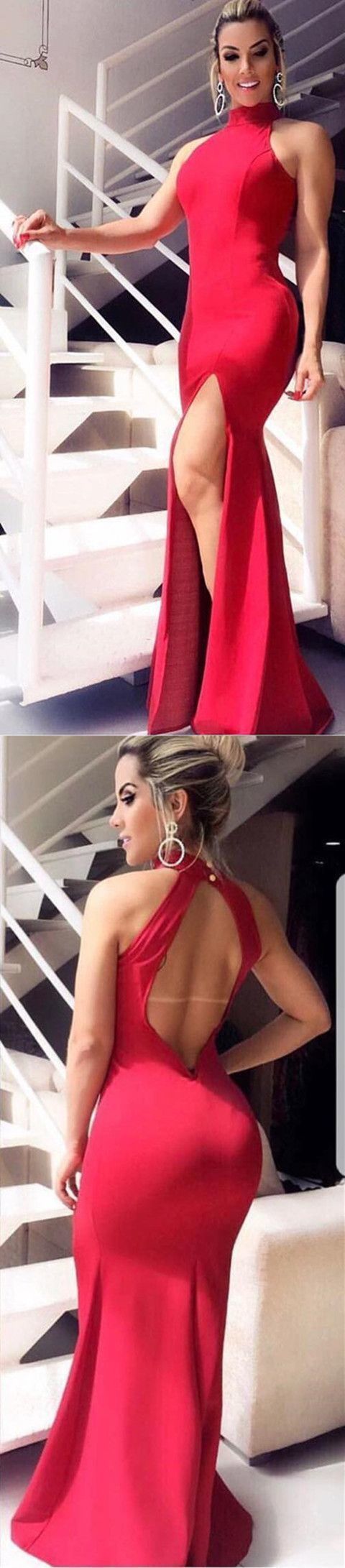 Boho Prom Dress, Red Satin Prom Dresses Long Mermaid Evening Dresses Halter Formal Gowns Sexy Backless Party Graduation Dresses cg6889