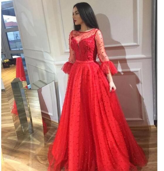 Chic Red Beaded Prom Dresses Long Sleeves Sheer Bateau Neck Evening Gowns Floor Length cg6896