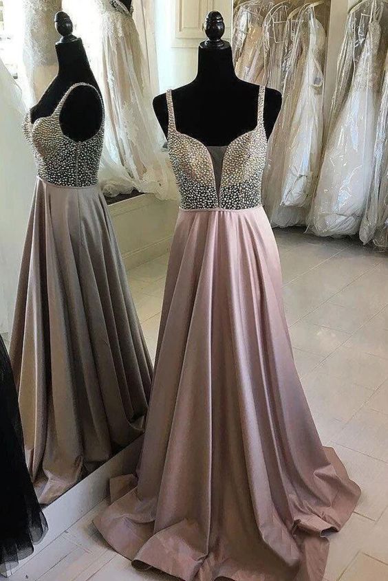 Cheap Beaded Long A Line V-Neck Satin Spaghetti Strap Prom Dresses cg6900