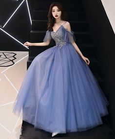 Blue v neck tulle lace long prom dress, blue tulle evening dress cg6903