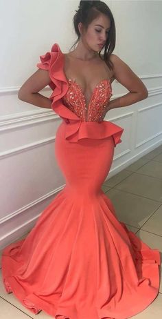 One-Shoulder Meerjungfrau Ballkleider_Rüschen Kristalle Langes Abendkleid cg6912