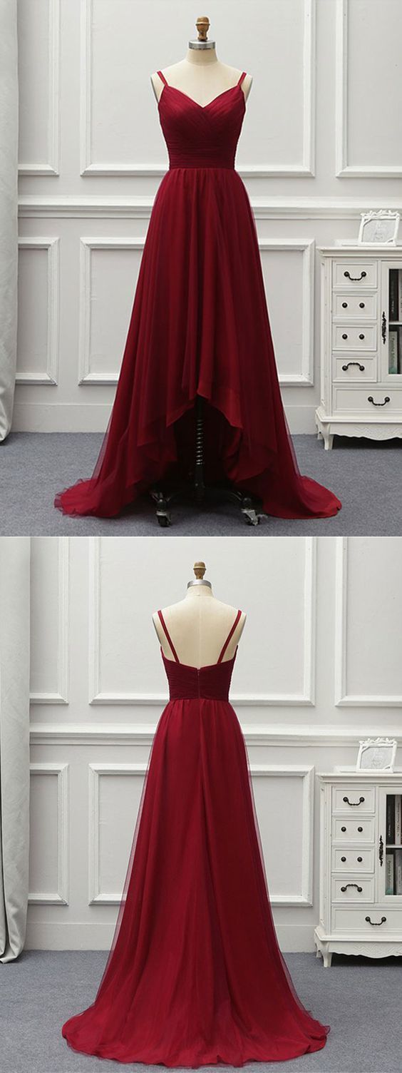 A Line High Low Backless Burgundy Tulle Long Prom Dresses cg6928