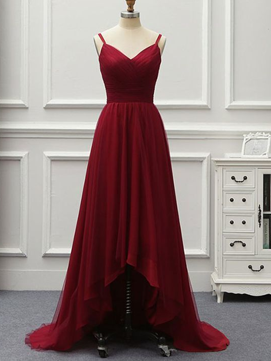 A Line High Low Backless Burgundy Tulle Long Prom Dresses cg6928