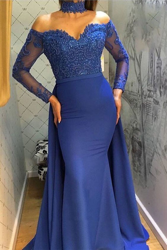 Einzigartige Ballkleider, Charmantes Meerjungfrau-Ballkleid in Königsblau mit langen Ärmeln, schulterfrei, Herzausschnitt, Spitze, cg6931