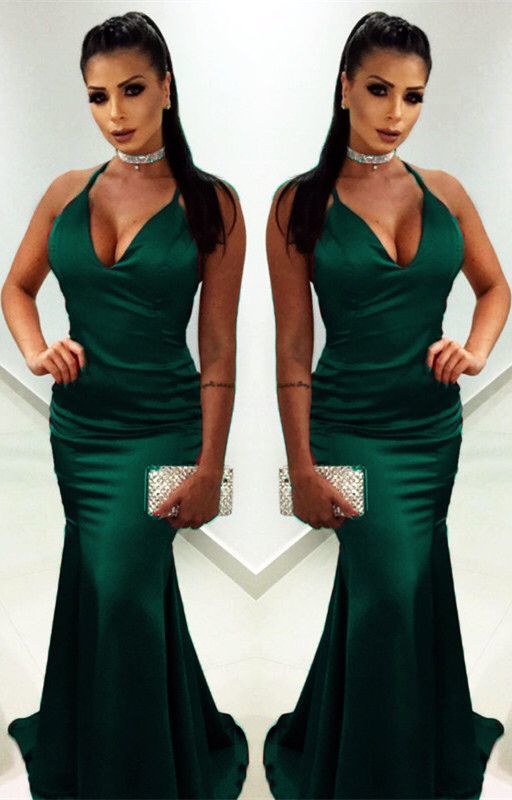 Long Satin V-neck Mermaid Evening Dresses Open Back Prom Gowns cg6934