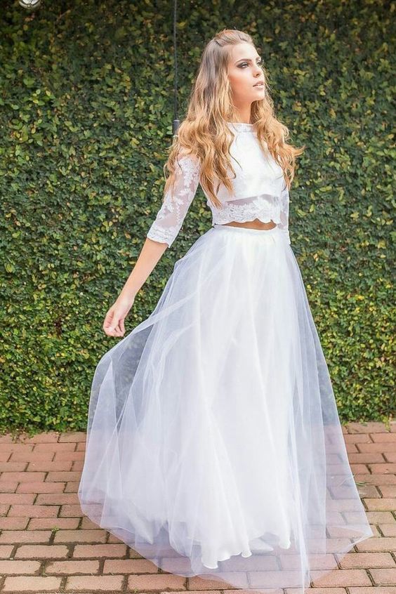 Two-Piece Bateau Prom Dresses A Line Tulle With Applique Floor Length cg6936