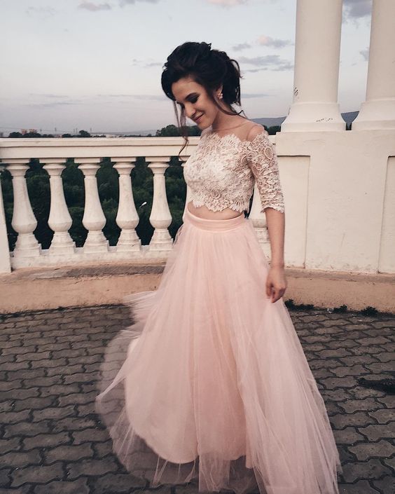 Princess Two Piece Pink Long Prom Dress Formal Dresss cg6942