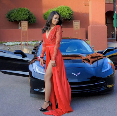 Charming Prom Dress, Sexy Long Sleeve Prom Dresses with Slit, Appliques Evening Dress cg6949