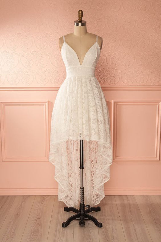 Einfaches Hi-Lo-Ballkleid mit Spaghettiträgern, weißes Spitzen-Ballkleid cg6972