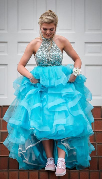 High Neck Blue Long Prom Dress cg6980