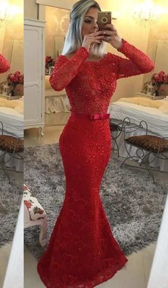 2020 Gorgeous Red Illusion Mermaid/Trumpet Lace Prom Dresses cg7003