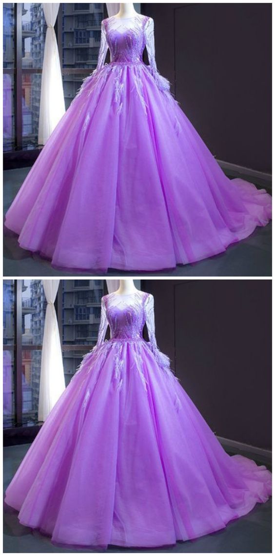 Purple Ball Gown Tulle Long Sleeve Beading Sequins Luxury Prom Dress cg7012