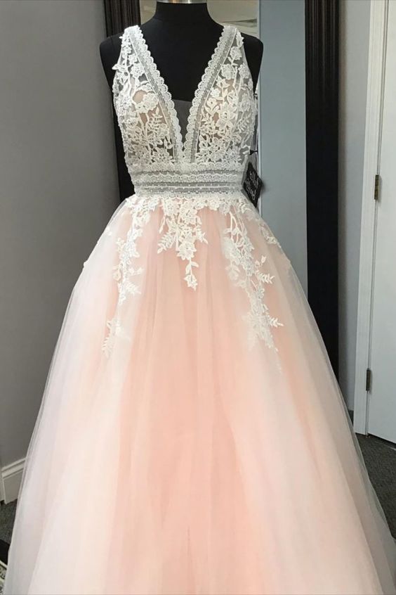 A-line Pink and White Lace Long Prom Gown cg7015