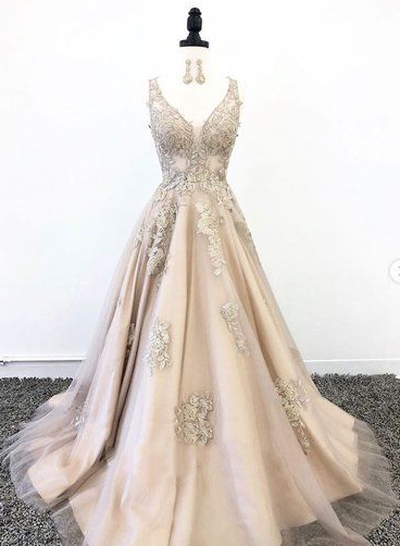 Champagne Tulle V Neck Lace Halter Senior Prom Dress, Formal Dress cg7031