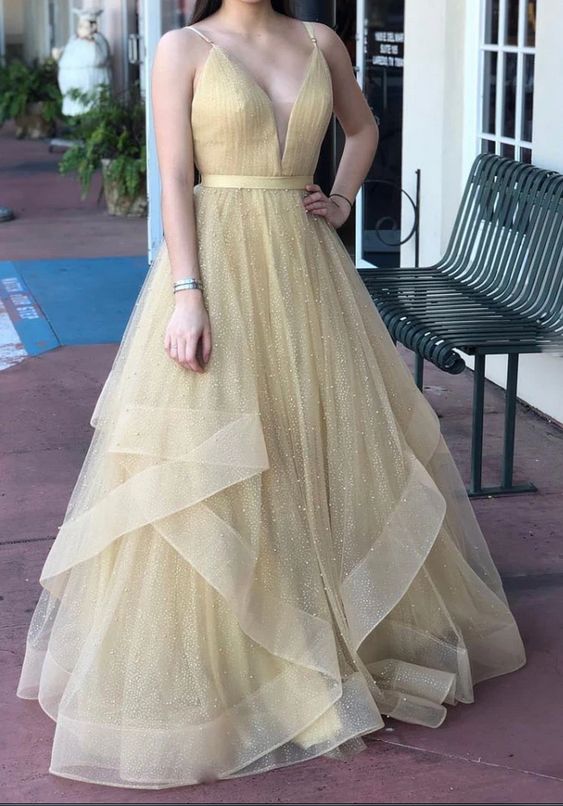 Champagne V Neck Tulle Long Prom Dress, Champagne Tulle Formal Dress cg7060