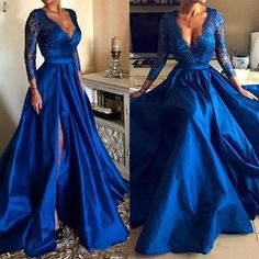 Königsblaue Ballkleider mit langen Ärmeln, seitlich geschlitzt, Spitzenapplikationen, elegante Abendkleider aus Satin 2020, sexy, tiefem V-Ausschnitt, A-Linie, Partykleid cg7063