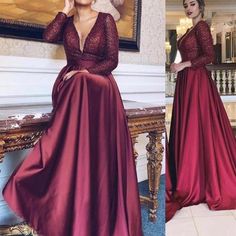 Burgundy prom dresses deep v neck sequins long sleeve evening dresses cg7064
