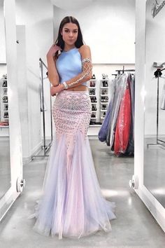 Mermaid Two Piece Beading Sky Blue Long Prom/Evening Dress cg7072