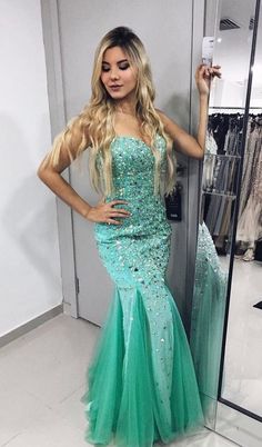 Trumpet/Mermaid Mint Green Sweetheart Tulle Beaded Prom Dresses cg7074