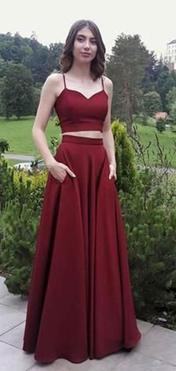 Two Pieces Long Prom Dresses, Spaghetti Straps Prom Dresses cg7082