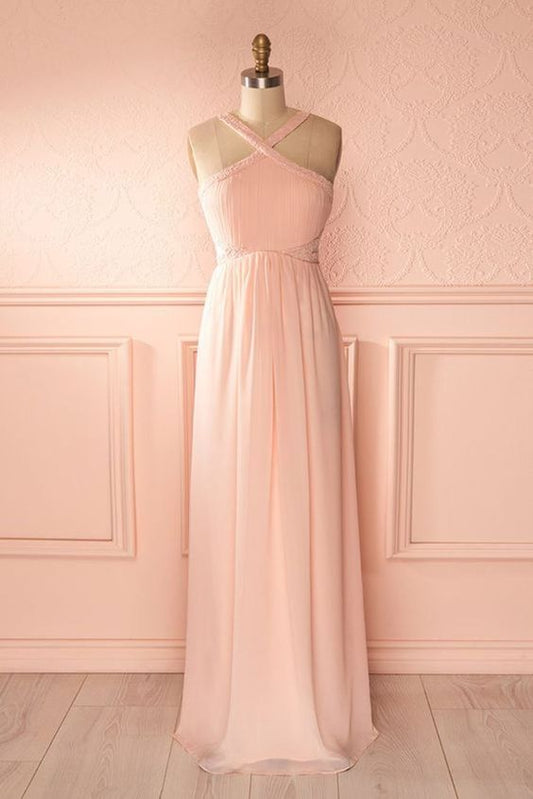 Rosa Chiffon V-Ausschnitt trägerlos langes Sweet 16 Ballkleid, langes offenes Rückenkleid Brautjungfernkleid cg7087