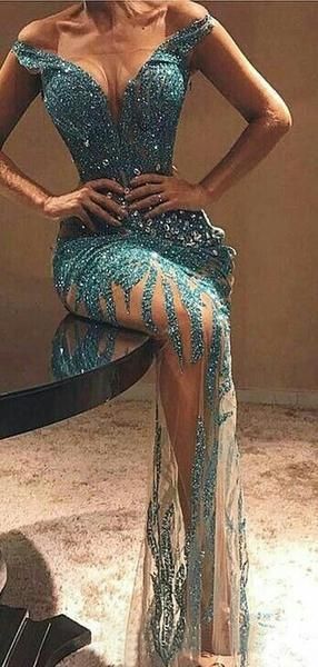 Green Beading Rhinestone Illusion Off Shoulder Prom Dresses cg7089