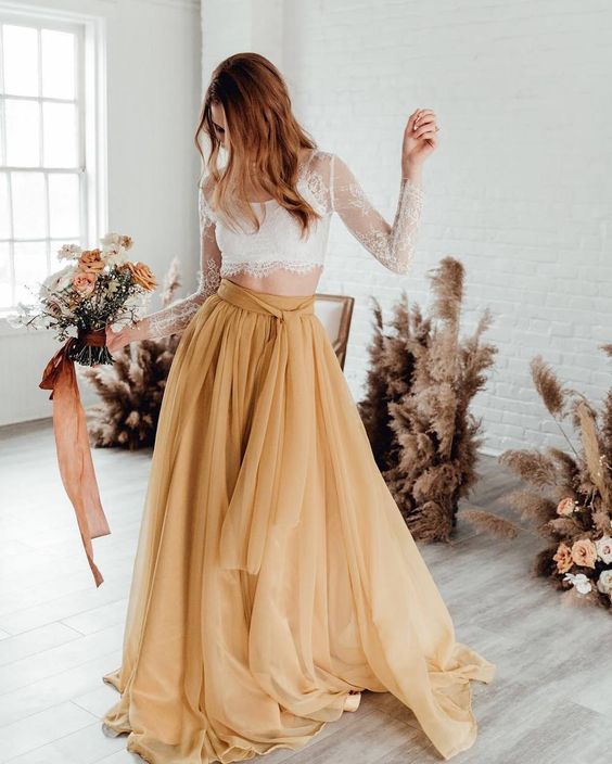 Fashion Two Piece Long Sleeve Lace Champagne Wedding prom Dress cg7091 Fashion Two Piece Long Sleeve Lace Champagne Wedding prom Dress cg7091