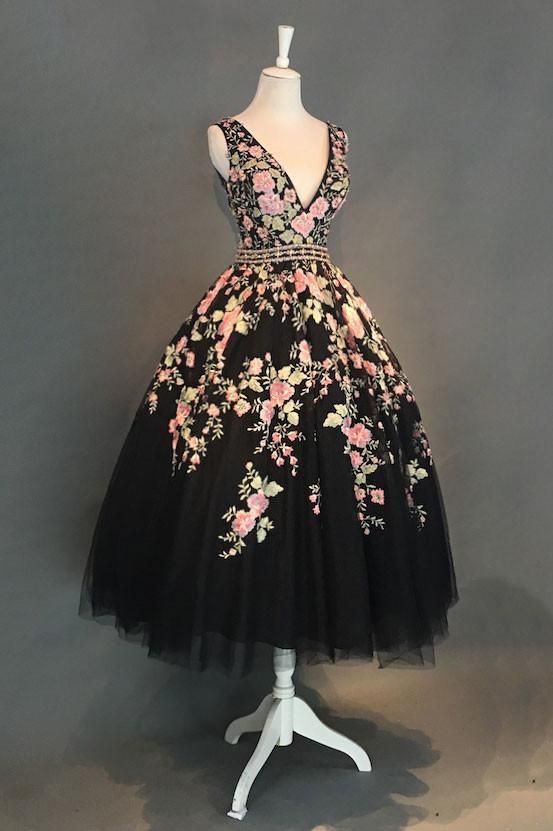Black v neck lace applique tea long prom dress, black evening dress cg7106