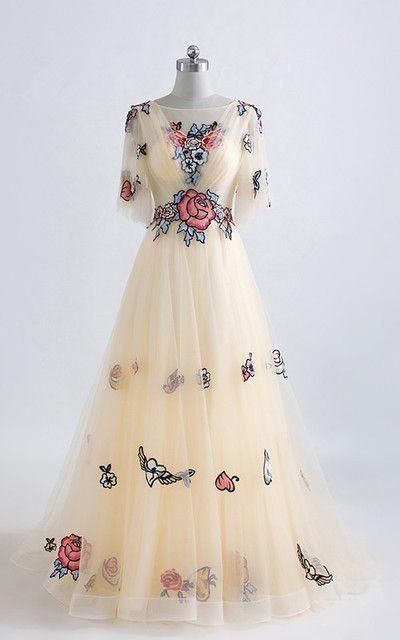Prom Dress Plus Size, Champagne Floral Print Lace Appliques Floor Length Prom Dress cg7108