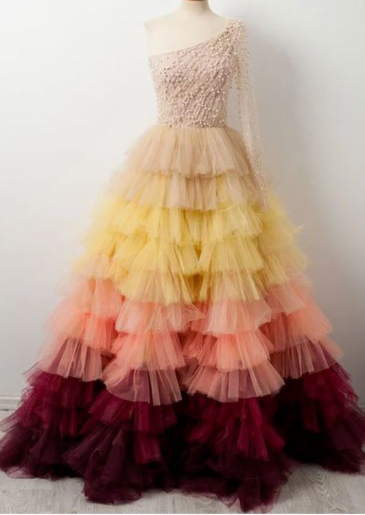 Unique one shoulder tulle beads long prom dress, evening dress cg7111