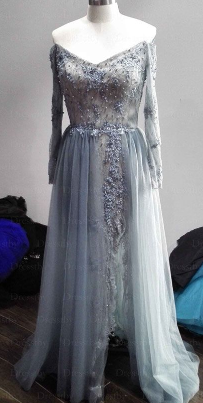 gray tulle lace long prom dress, gray tulle evening dress cg7114