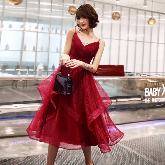 BURGUNDERROTES V-AUSSCHNITT TÜLL KURZES HEIMKLEID, HEIMKLEID cg712