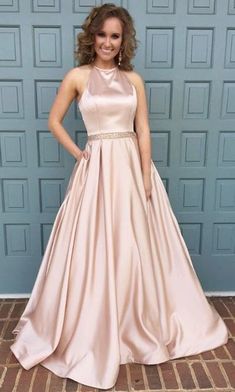 halter neck long satin pink prom dress,ball gowns prom dress,satin gowns,long prom dresses cg7120