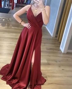 Charming V neck Burgundy Prom Dresses, Side Slit Evening Party Dress cg7123