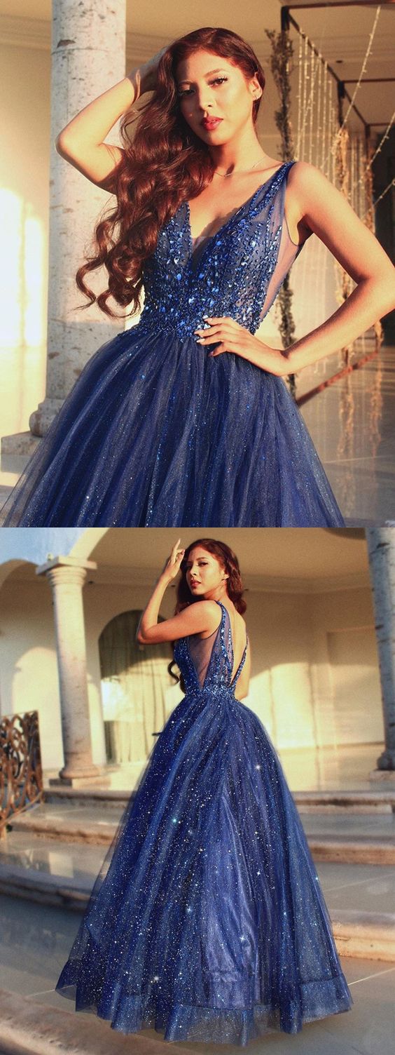 Gorgeous A-Line V Neck Open Back Navy Blue Beaded Long Prom Dresses,Sparkly Evening Party Dresses,Ball Gown Formal Dresses cg7127
