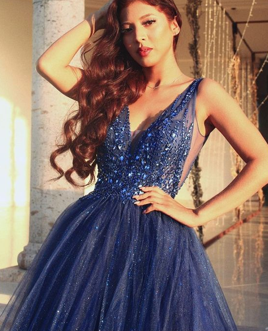 Gorgeous A-Line V Neck Open Back Navy Blue Beaded Long Prom Dresses,Sparkly Evening Party Dresses,Ball Gown Formal Dresses cg7127