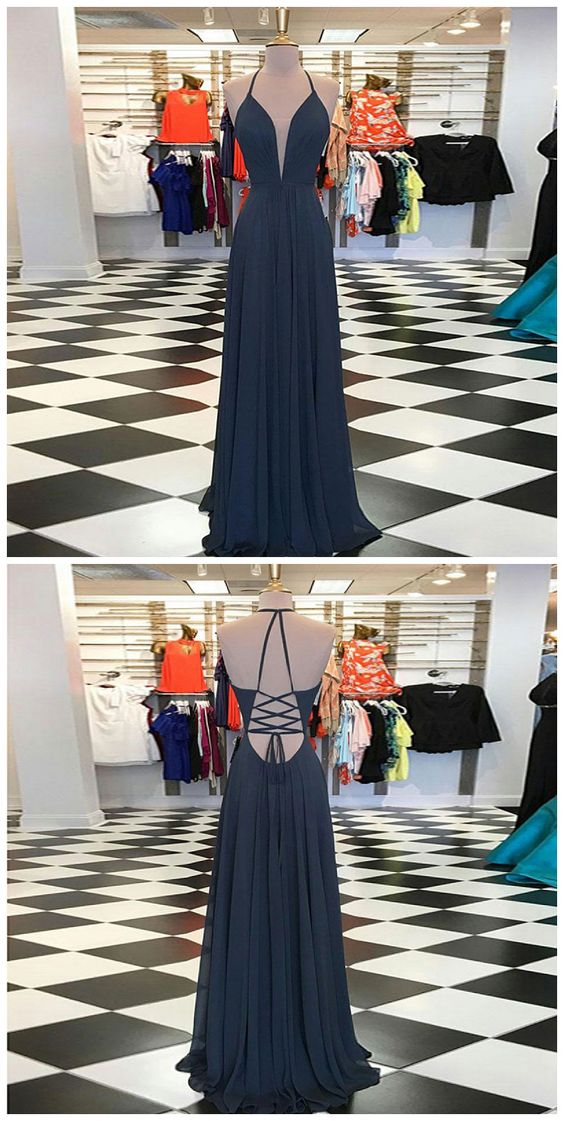 A-Line V-Neck Sweep Train Navy Blue Chiffon Prom Dress cg7128
