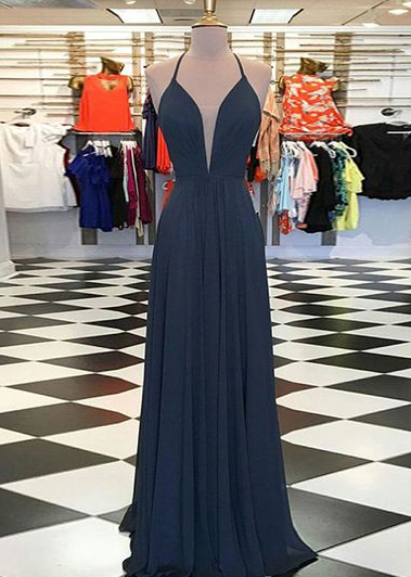 A-Line V-Neck Sweep Train Navy Blue Chiffon Prom Dress cg7128