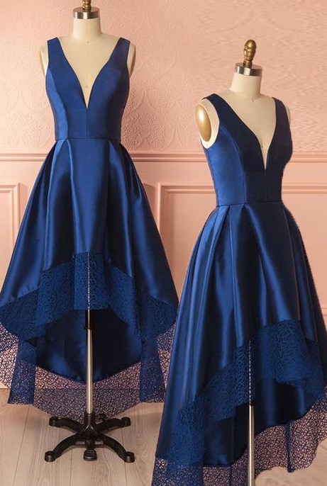 Dark blue v neck high low prom dress, dark blue bridesmaid dress cg7129