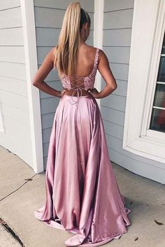 Two Piece Pink Long Prom Dresses For Teens, Chic A Line Party Dresses With High Splits,simple Garduation Dresses For Girls cg7131