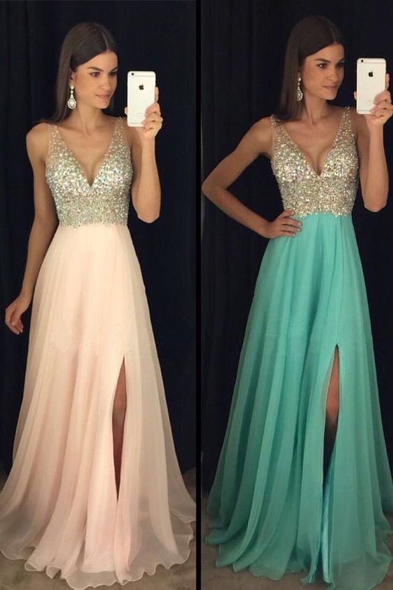 Sparkly Beaded Long V-Neck Prom Dress Fashion Long Side Slit School Dance Dresses cg7132