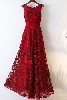 Burgundy round neck lace long prom dress, burgundy evening dress cg7136