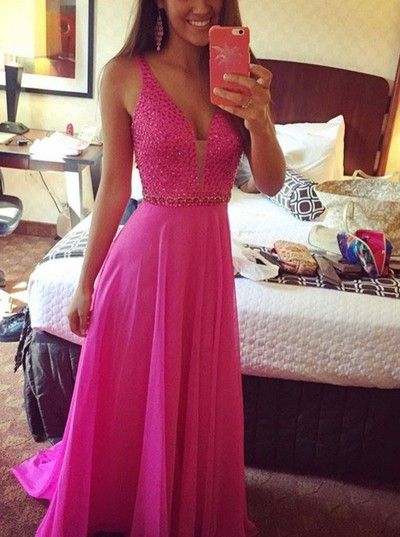 Hot Pink Beaded Prom Dresses,Deep V-neck Prom Dress,Sexy Evening Dresses cg7141