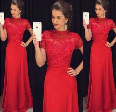 A Line Long Red Prom Dresses with Short Sleeves cg7149
