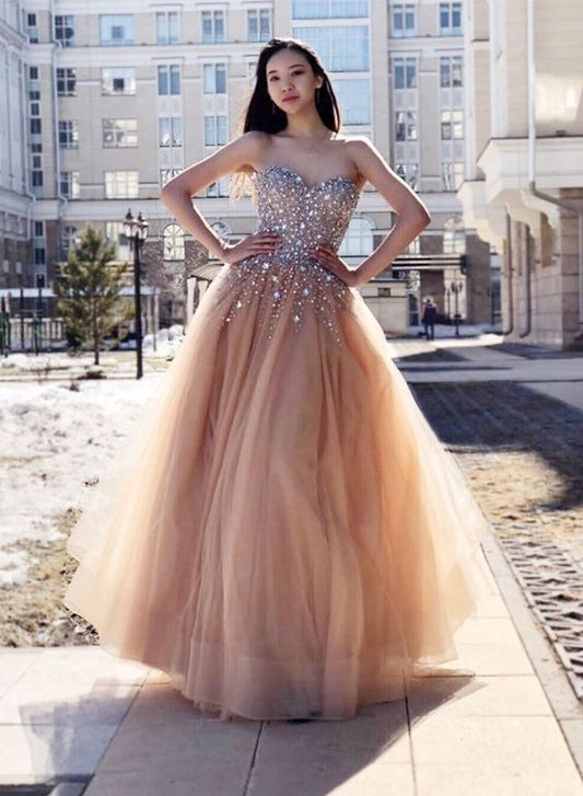 Stilvolles langes Ballkleid mit herzförmigem Ausschnitt und Tüllperlen, Abendkleid cg716
